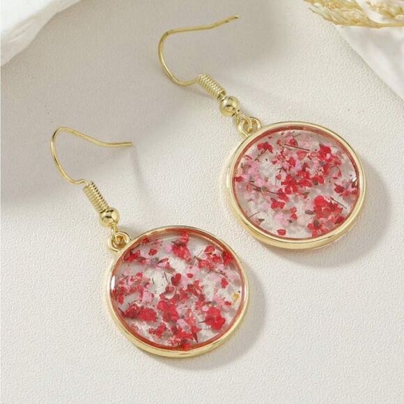 Fairy Red & Pink & White & Purple Real Dry Flower Floral Circle Shaped Earrings - Picture 4 of 10